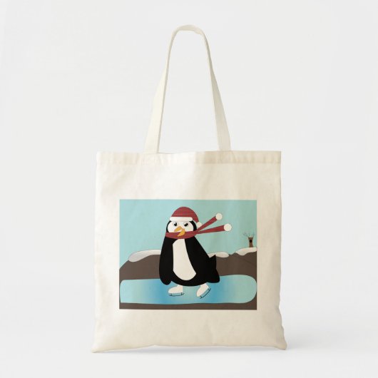 アイススケートで滑るペンギンバッグ トートバッグ (正面)