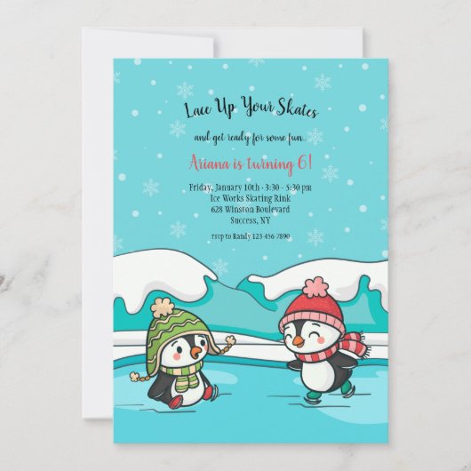 アイススケートで滑るペンギンバースデーパーティー 招待状 (正面)