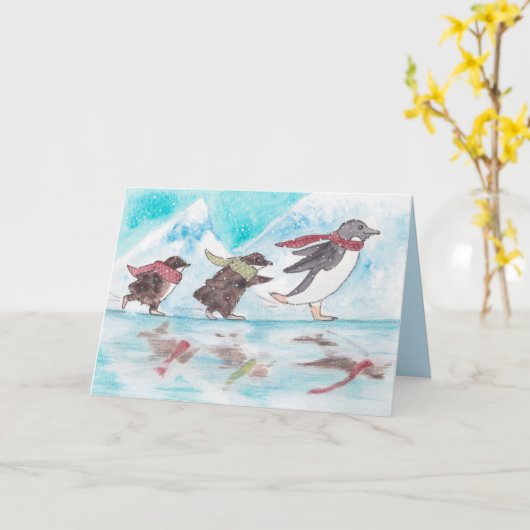 アイススケートで滑るペンギンホリデーカード カード (黄色い花)