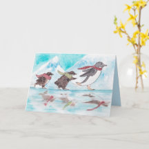 アイススケートで滑るペンギンホリデーカード