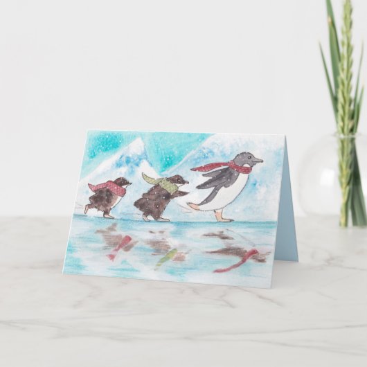 アイススケートで滑るペンギンホリデーカード カード (正面)
