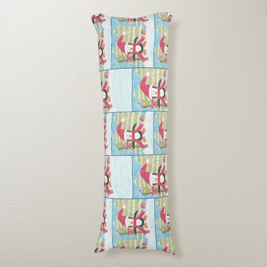 アイススケートで滑るペンギン柄ブルー体枕 ボディピロー (正面縦)