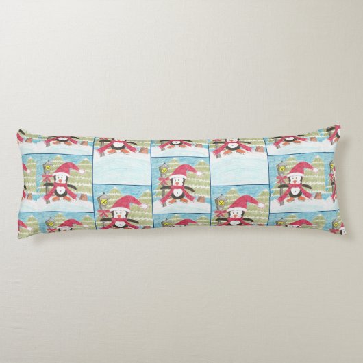 アイススケートで滑るペンギン柄ブルー体枕 ボディピロー (裏面)