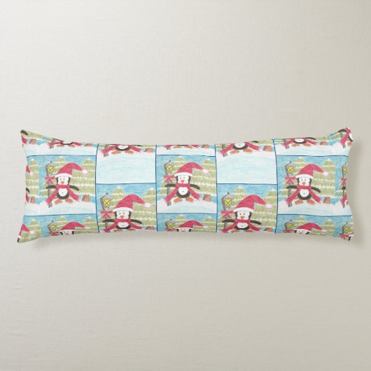 アイススケートで滑るペンギン柄ブルー体枕 ボディピロー (正面)