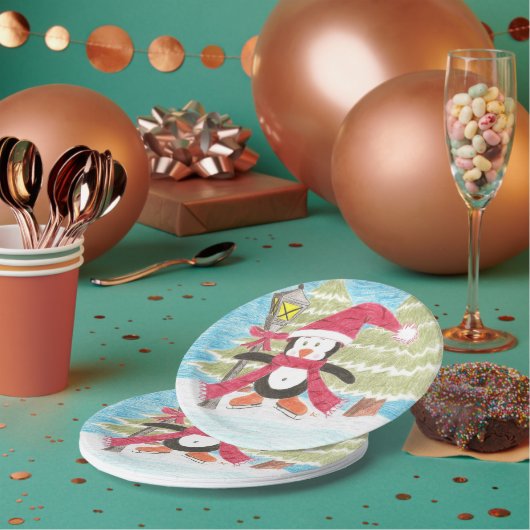 アイススケートで滑るペンギン紙プレート ペーパープレート (複数)