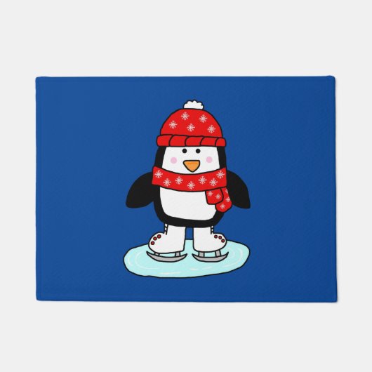 アイススケートで滑るペンギン ドアマット (正面)