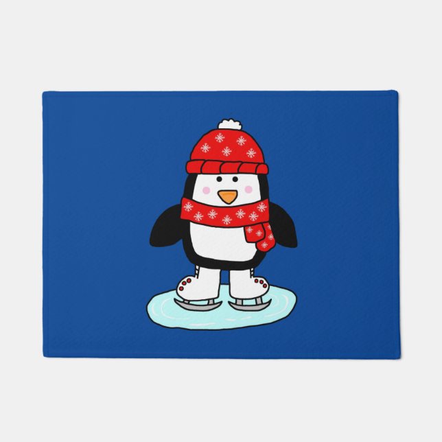 アイススケートで滑るペンギン ドアマット (正面)