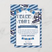 アイススケートで滑るボーイバースデーパーティーブーストライプル サンキューカード (正面/裏面)