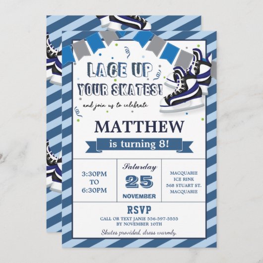 アイススケートで滑るボーイ誕生日パーティーの招待 招待状 (正面/裏面)