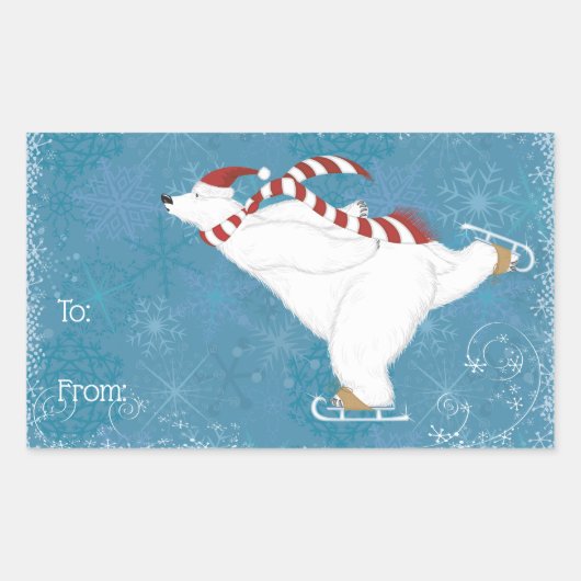 アイススケートで滑るポーラベアステッカー 長方形シール (正面)