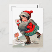 アイススケートで滑るラブレターの女の子。セントバレンタイン ポストカード (正面/裏面)