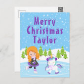 アイススケートで滑るレッドヘアガールメリークリスマスホリデー シーズンポストカード (正面/裏面)