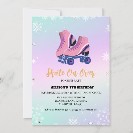 アイススケートで滑る冬誕生日スケートオンオーバーガールズ 案内状 (正面)