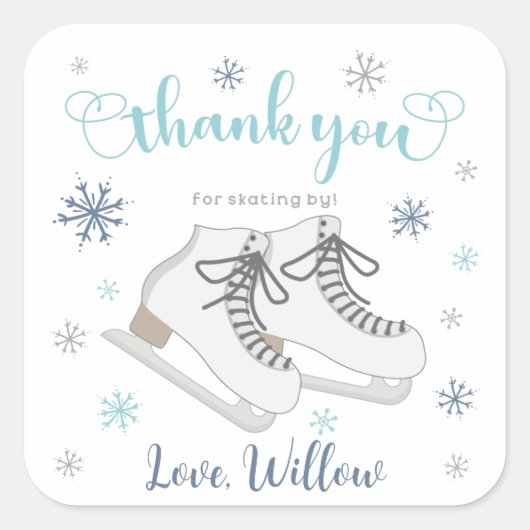 アイススケートで滑る冬、ブルー誕生日ありがとう スクエアシール (正面)