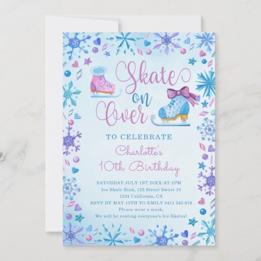 アイススケートで滑る凍っていフェアリーテールスノーフレーク誕生日 招待状 (正面)