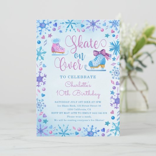 アイススケートで滑る凍っていフェアリーテールスノーフレーク誕生日 招待状 (スタンド正面)