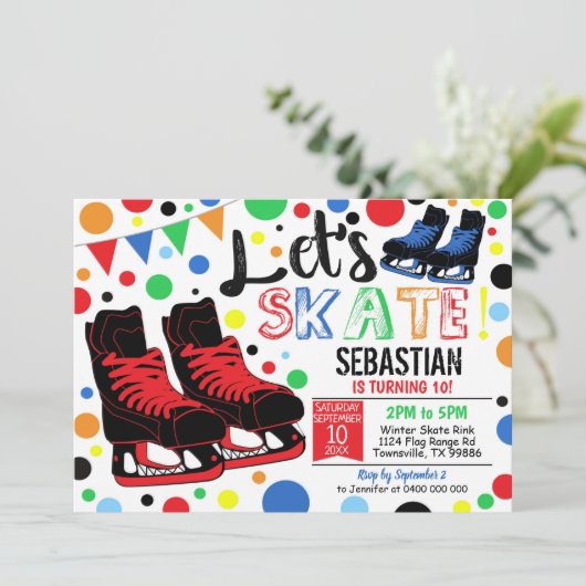 アイススケートで滑る招待状アイススケートで滑るパーティーボーイレッド 招待状 (スタンド正面)