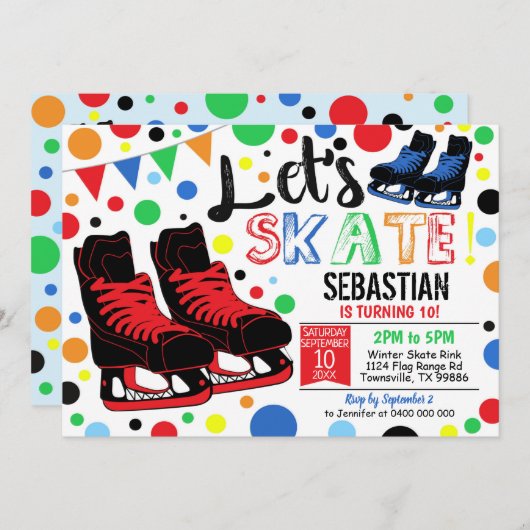 アイススケートで滑る招待状アイススケートで滑るパーティーボーイレッド 招待状 (正面/裏面)