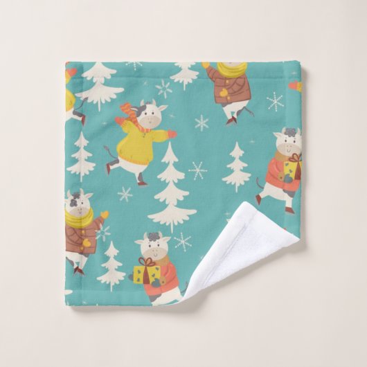 アイススケートで滑る牛クリスマスパターン バスタオルセット (ウォッシュタオル)