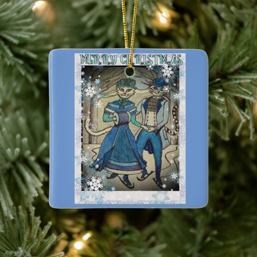 アイススケートで滑る猫 セラミックオーナメント (ツリー)