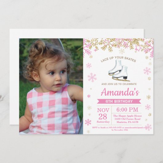 アイススケートで滑る誕生パーティーピンクスケートの写真 招待状 (正面/裏面)