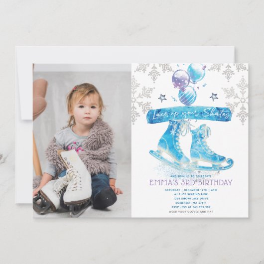 アイススケートで滑る誕生日パーティーの写真 招待状 (正面)