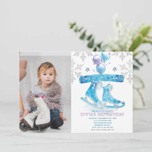 アイススケートで滑る誕生日パーティーの写真 招待状 (スタンド正面)