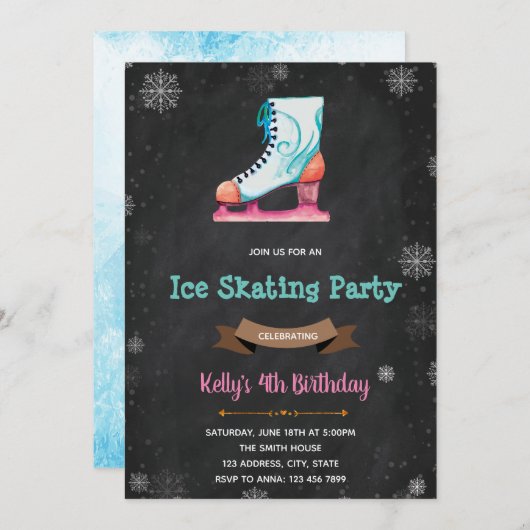 アイススケートで滑る誕生日パーティーの招待 招待状 (正面/裏面)
