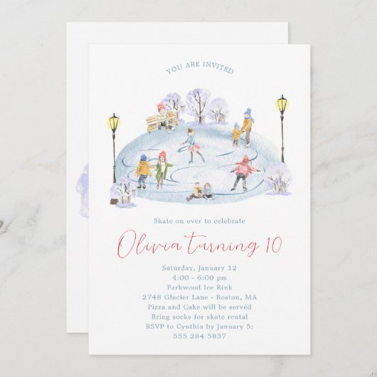 アイススケートで滑る誕生日パーティーへの招待 招待状 (正面/裏面)