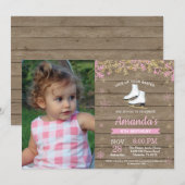 アイススケートで滑る誕生日パーティーピンクスケートフォト 招待状 (正面/裏面)