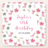 アイススケートで滑る誕生日パーティーピンク スクエアペーパーコースター (正面)