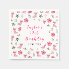 アイススケートで滑る誕生日パーティーピンク スタンダードカクテルナプキン