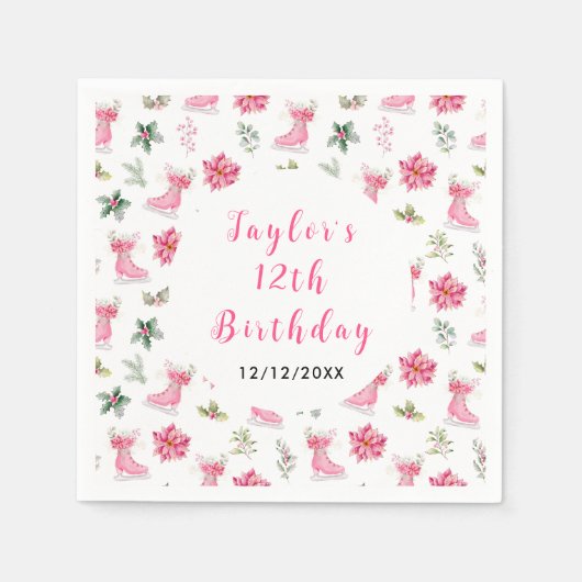 アイススケートで滑る誕生日パーティーピンク スタンダードカクテルナプキン (正面)