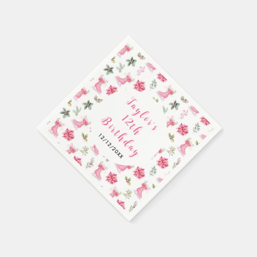 アイススケートで滑る誕生日パーティーピンク スタンダードカクテルナプキン (角)