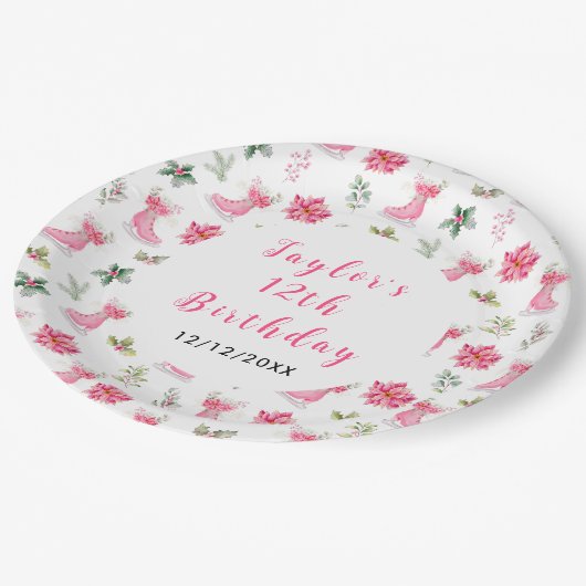 アイススケートで滑る誕生日パーティーピンク ペーパープレート (アングル)