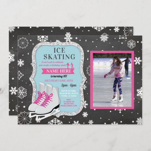 アイススケートで滑る誕生日パーティーフォトスケートスノーフレーク 招待状 (正面/裏面)