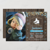 アイススケートで滑る誕生日パーティーブルースケートフォト 招待状 (正面/裏面)