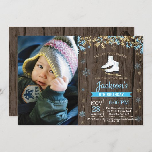 アイススケートで滑る誕生日パーティーブルースケートフォト 招待状 (正面/裏面)