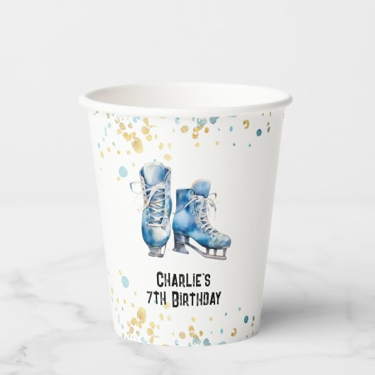 アイススケートで滑る誕生日パーティー紙カップ、ブルー金ゴールド 紙コップ (正面)
