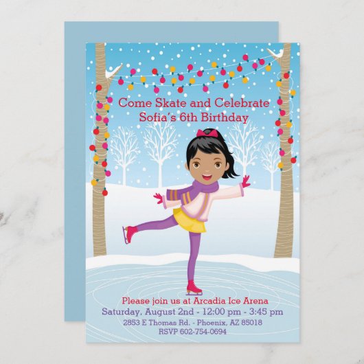 アイススケートで滑る誕生日パーティー – アフリカンアメリカン・ガール 招待状 (正面/裏面)