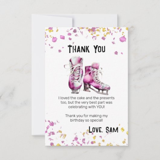 アイススケートで滑る誕生日パーティー – 冬の誕生日 サンキューカード (正面)