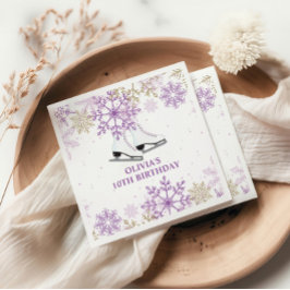 アイススケートで滑る誕生日パープル&金ゴールドスノーフレーク スタンダードカクテルナプキン