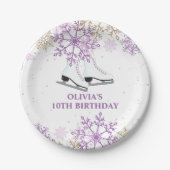 アイススケートで滑る誕生日パープル&金ゴールドスノーフレーク ペーパープレート (正面)