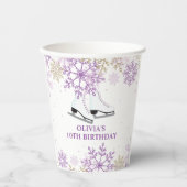 アイススケートで滑る誕生日パープル&金ゴールドスノーフレーク 紙コップ (正面)