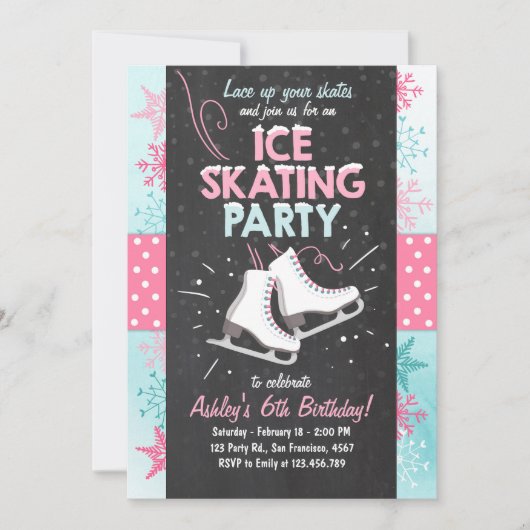 アイススケートで滑る誕生日招待状スケートウィンターピンク 招待状 (正面)