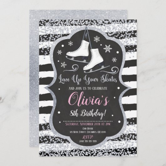 アイススケートで滑る誕生日招待状銀グリッター 招待状 (正面/裏面)