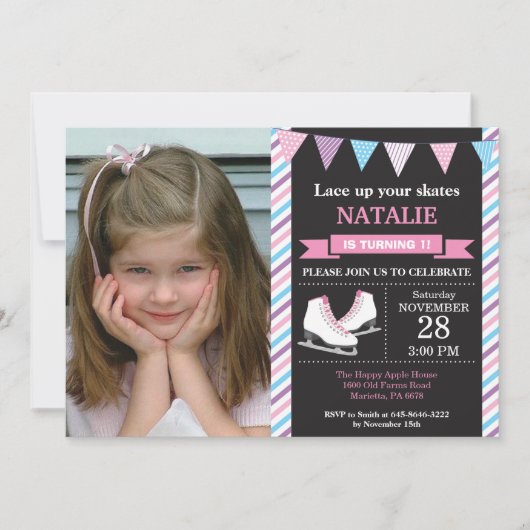 アイススケートで滑る誕生日招待状1st誕生日パーティー 招待状 (正面)