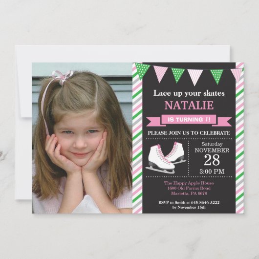 アイススケートで滑る誕生日招待状1st誕生日パーティー 招待状 (正面)