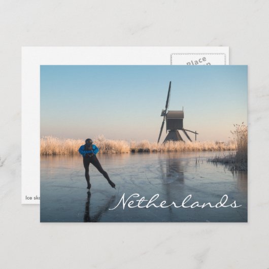 アイススケートで滑る過去風車とリーズ文字葉書 ポストカード (正面/裏面)