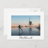 アイススケートで滑る過去風車と葦の白はがき ポストカード (正面/裏面)